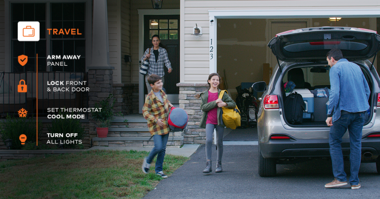 Family loading luggage into an SUV while using smart security settings before travel.